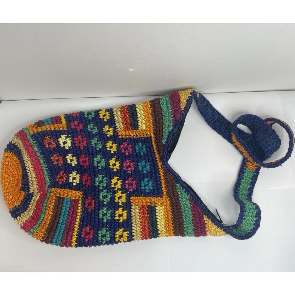 Guatamalan Woven Hobo Bag Crossbody Purse With Zipper Blue Orange Yellow Floral